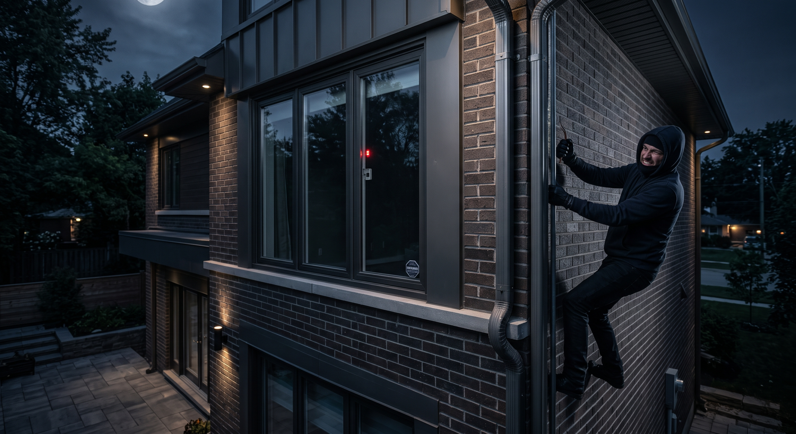An intruder in black clothing attempting to climb a drainpipe to reach a reinforced second-floor window on a modern brick house at night.